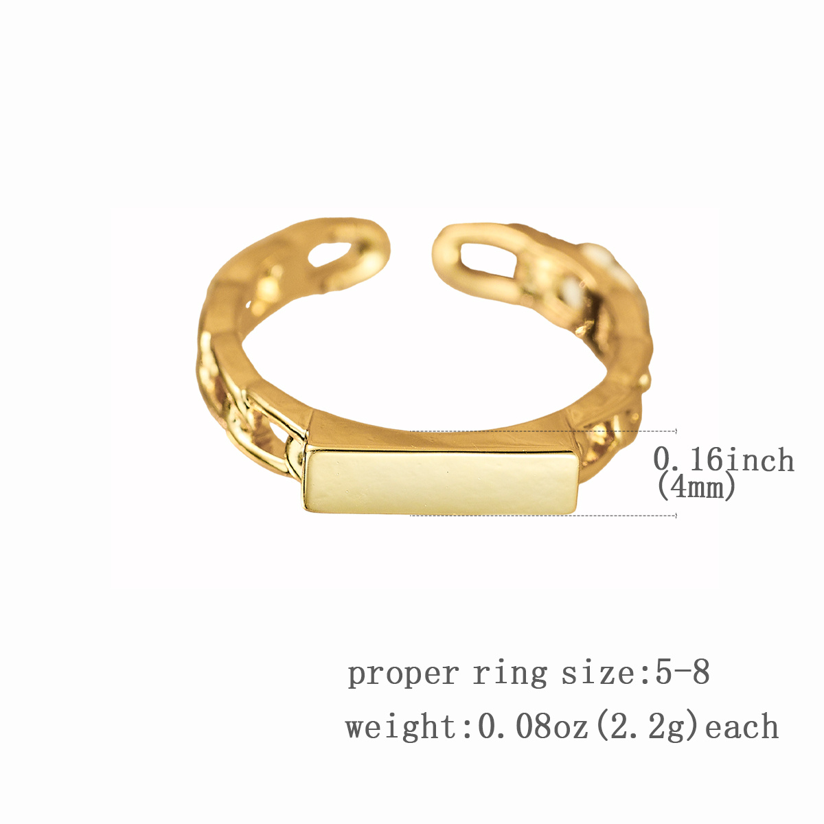 Women's Adjustable Solid Rectangular Chain Open Ring, Minimalist